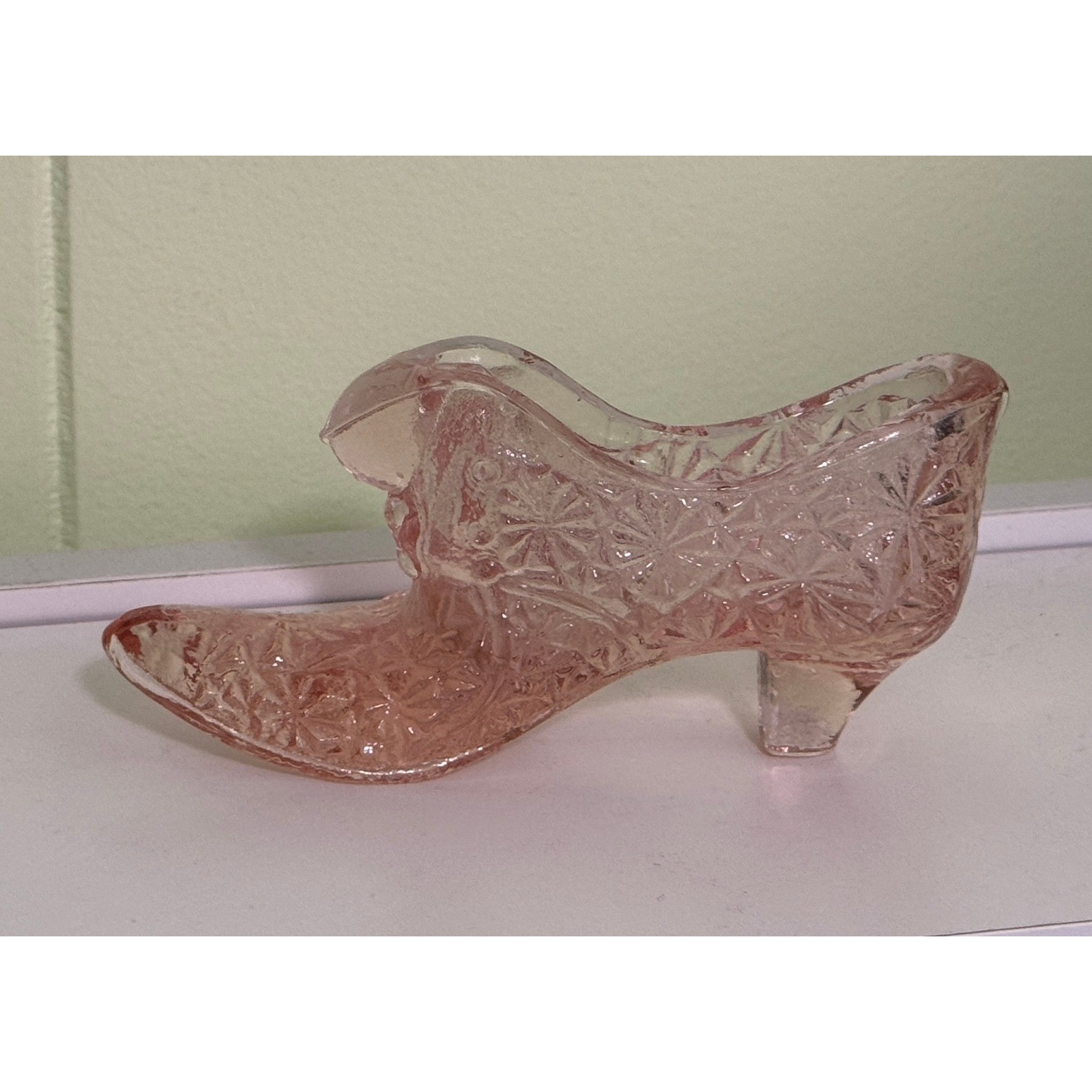 Vintage Pink Glass Slipper Figurine Daisy and Button Pattern Decorative Shoe