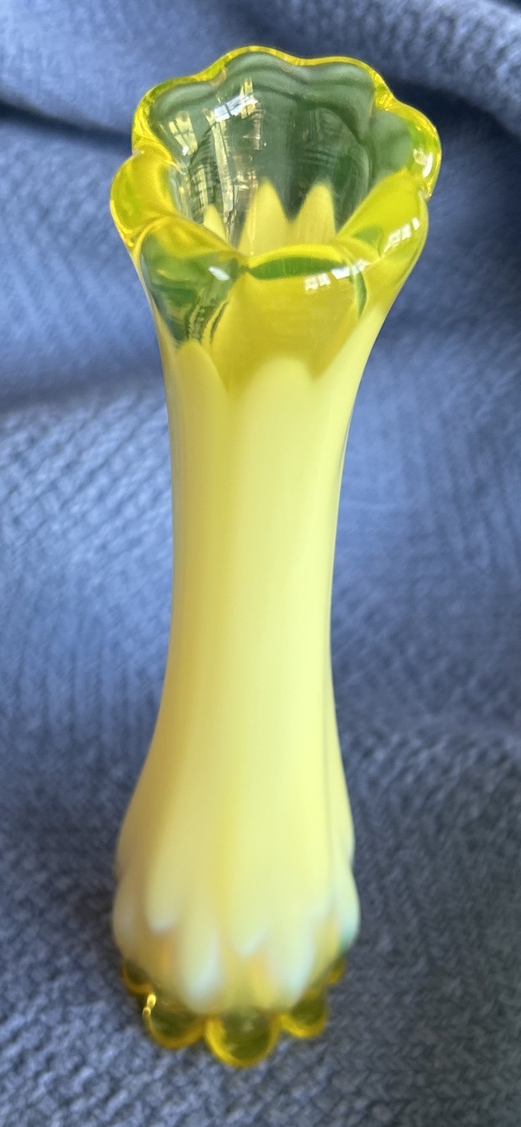 Vintage Fostoria Heirloom yellow opalescent vaseline glass swung bud vase 6\