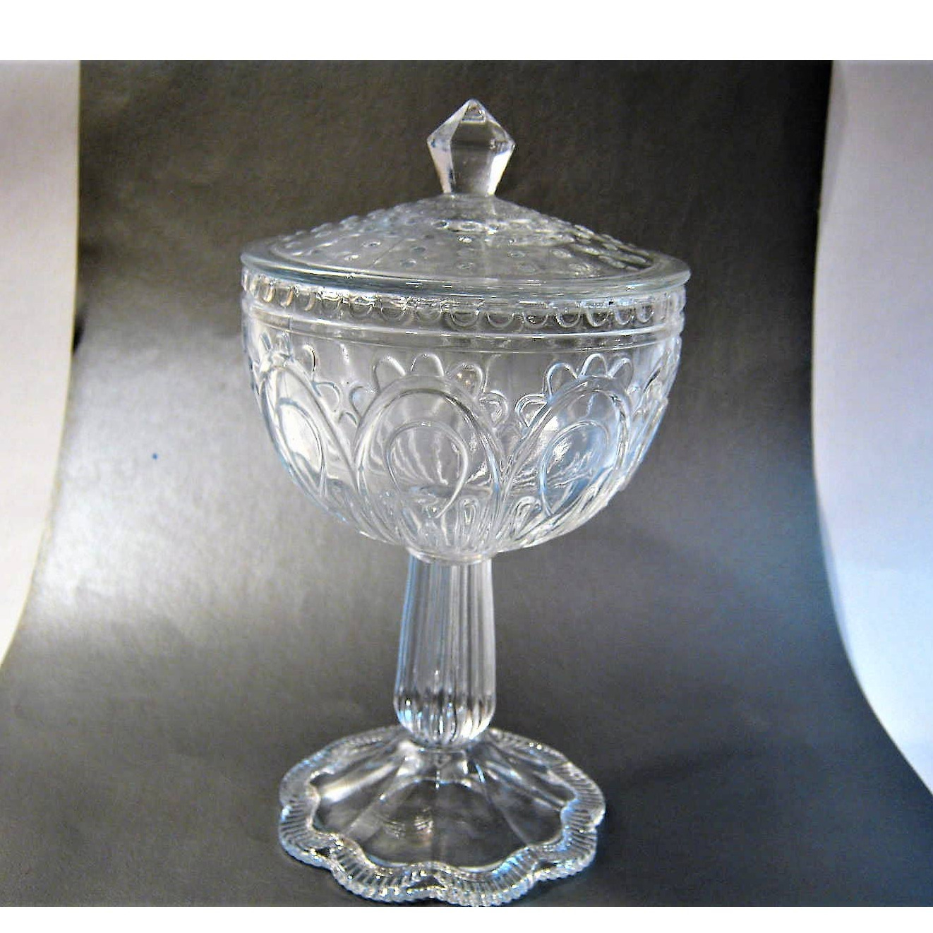 Older Vintage Pressed Glass Candy Nut Dish on Pedestal with Lid-6.5  inch tall 