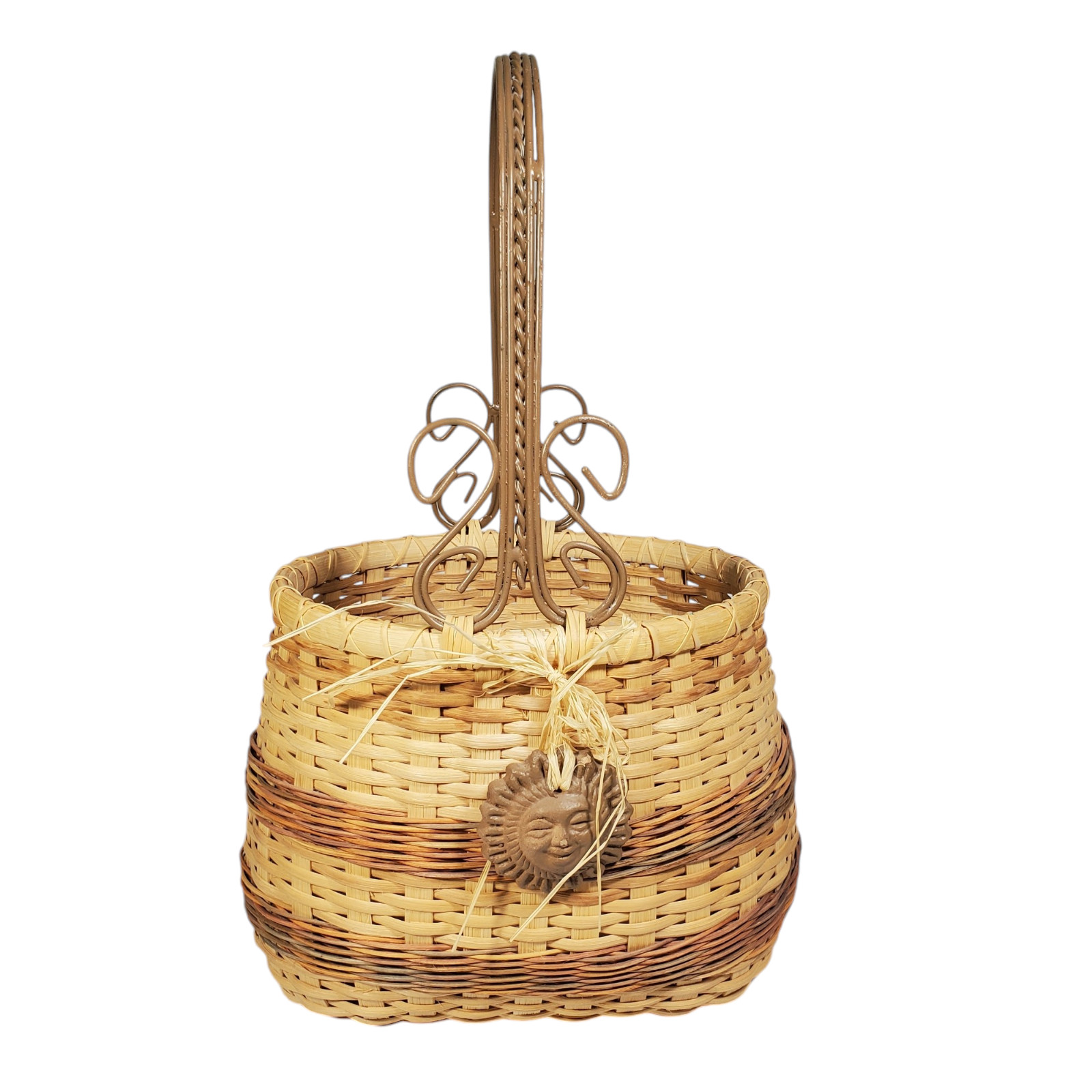 Woven Wicker Basket w/Wood Bottom Metal-Handle Handmade Mexico Sun Pottery