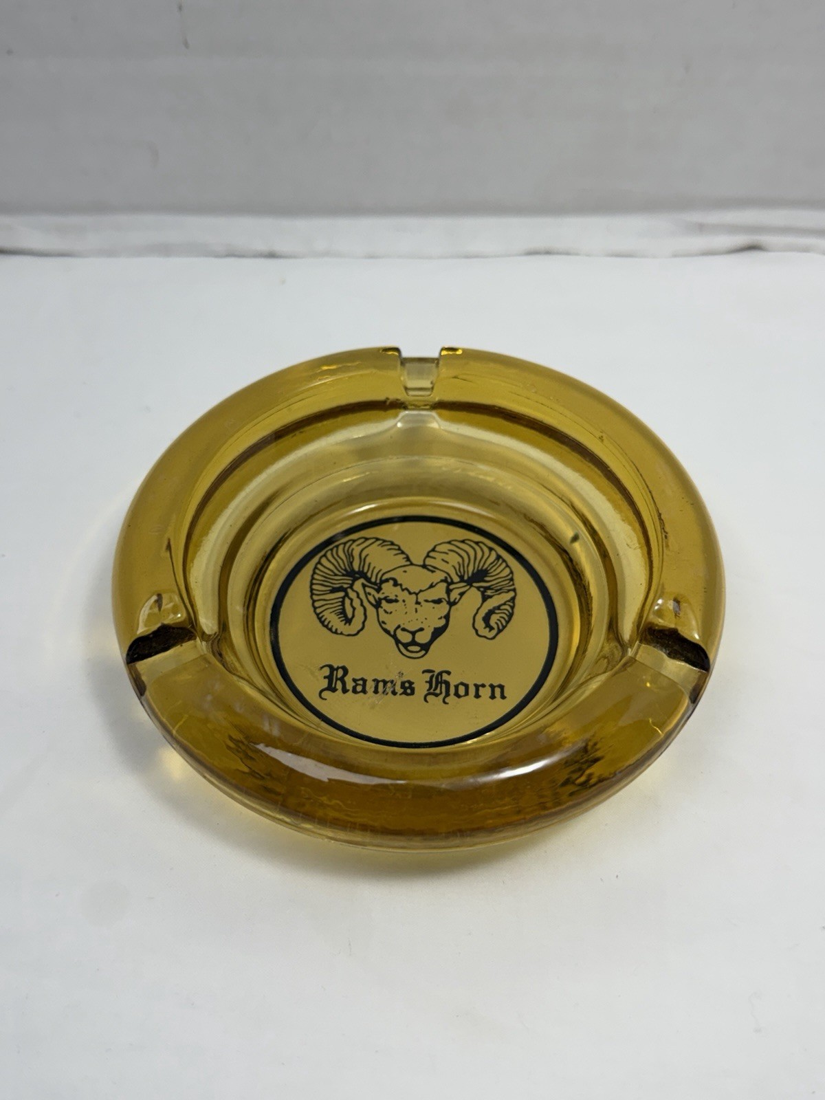 Vintage Ram\'s Horn Amber Glass Advertising Ashtray