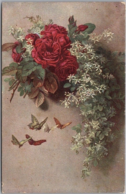 c1910s Artist-Signed PAUL De LONGPRE Postcard BUTTERFLIES / Red Roses - Unused