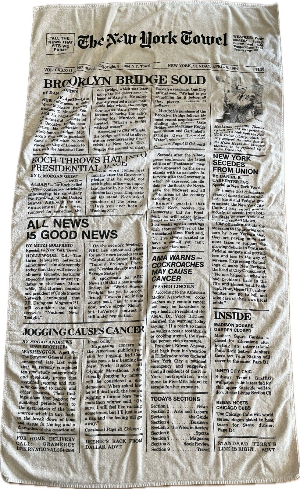 Vintage Large New York Times 1984 Beach Towel- 35”x60”