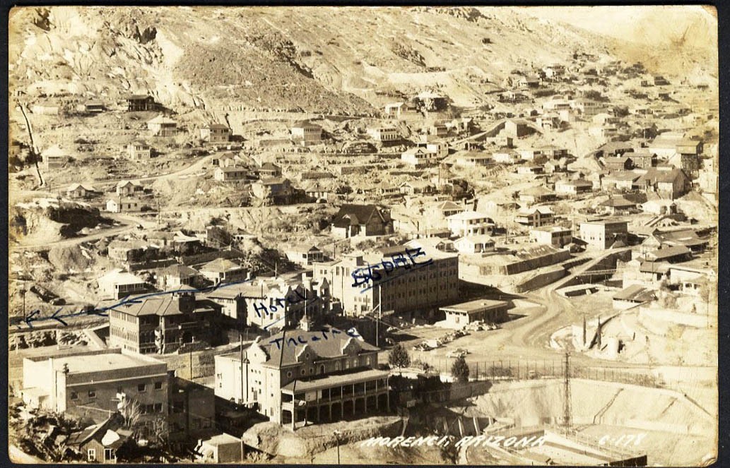 MORENCI ARIZONA rppc Bird\'s Eye View 1943 Message About Town on Back