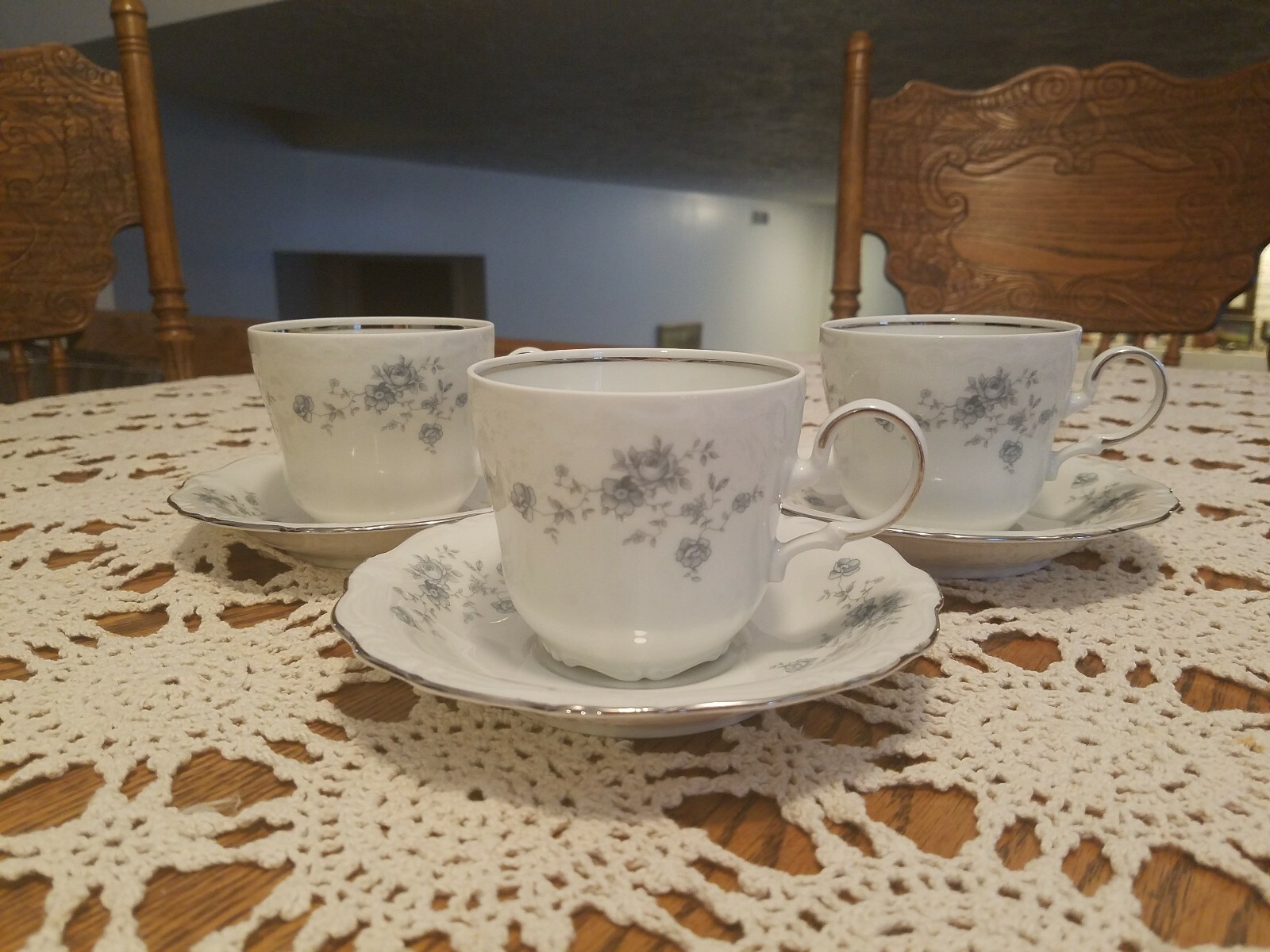 JOHANN HAVILAND BLUE GARLAND SET OF 3 COFFEE CUP & SAUCERS.  BAVARIA GERMANY.  