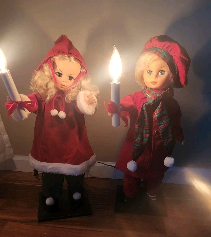 Vintage Ultra International Christmas Boy & Girl Animated Doll Set Sleep Eyes