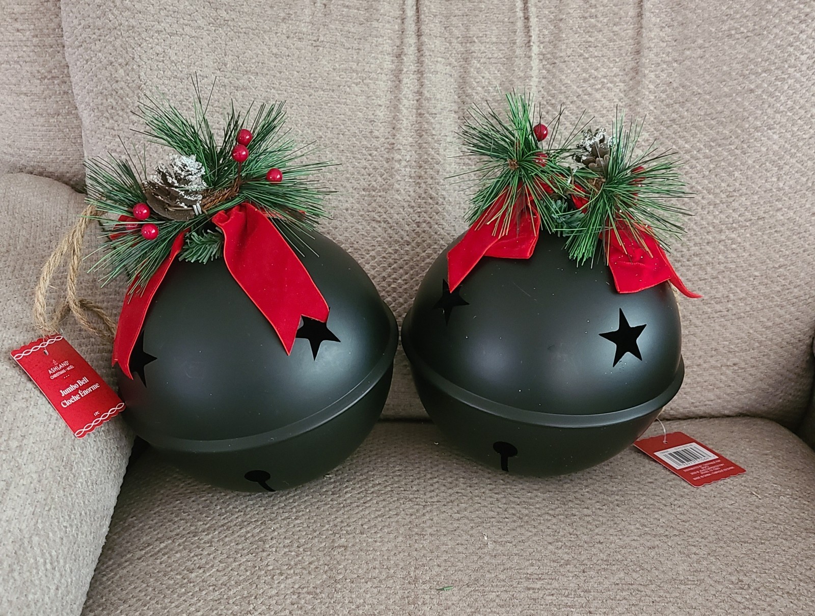 JUMBO BLACK RED GREEN CHRISTMAS BELL LOT OF 2 BY ASHLAND BRAND NEW