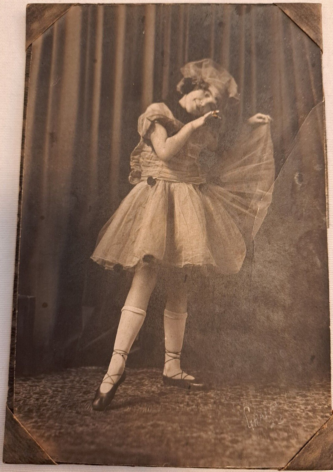 Photograph 1923  Little Girl Ballet Shoes Head Tilted Floral Dress Stage Grave