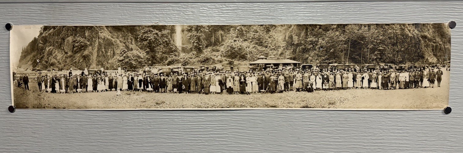 1918 Panoramic Photo Multnomah Falls Oregon Columbia Highway WWI Soldiers Army