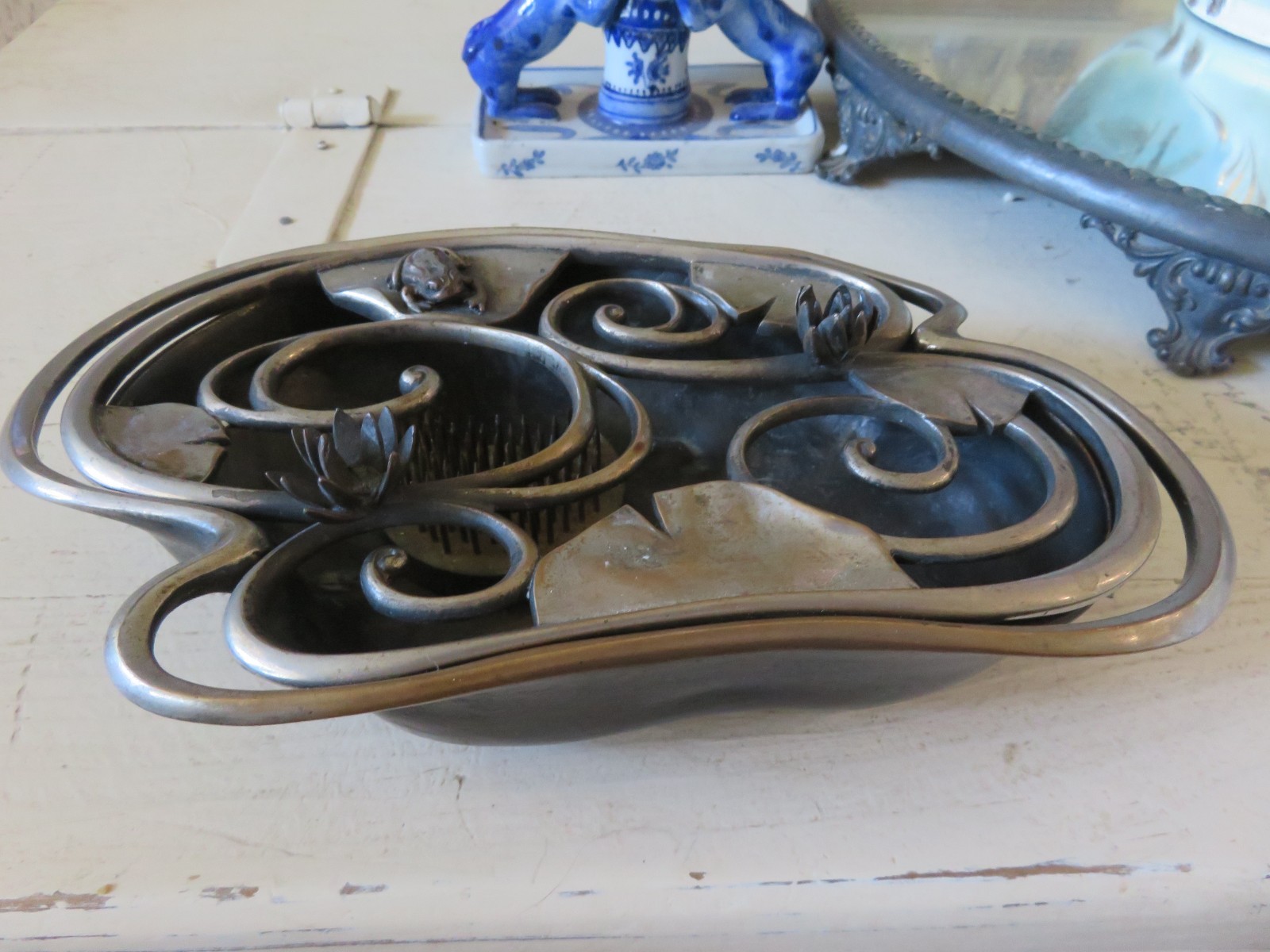 Antique Metal Japanese Floral Frog w metal Frog on a Lily Pad Signed on Bottom