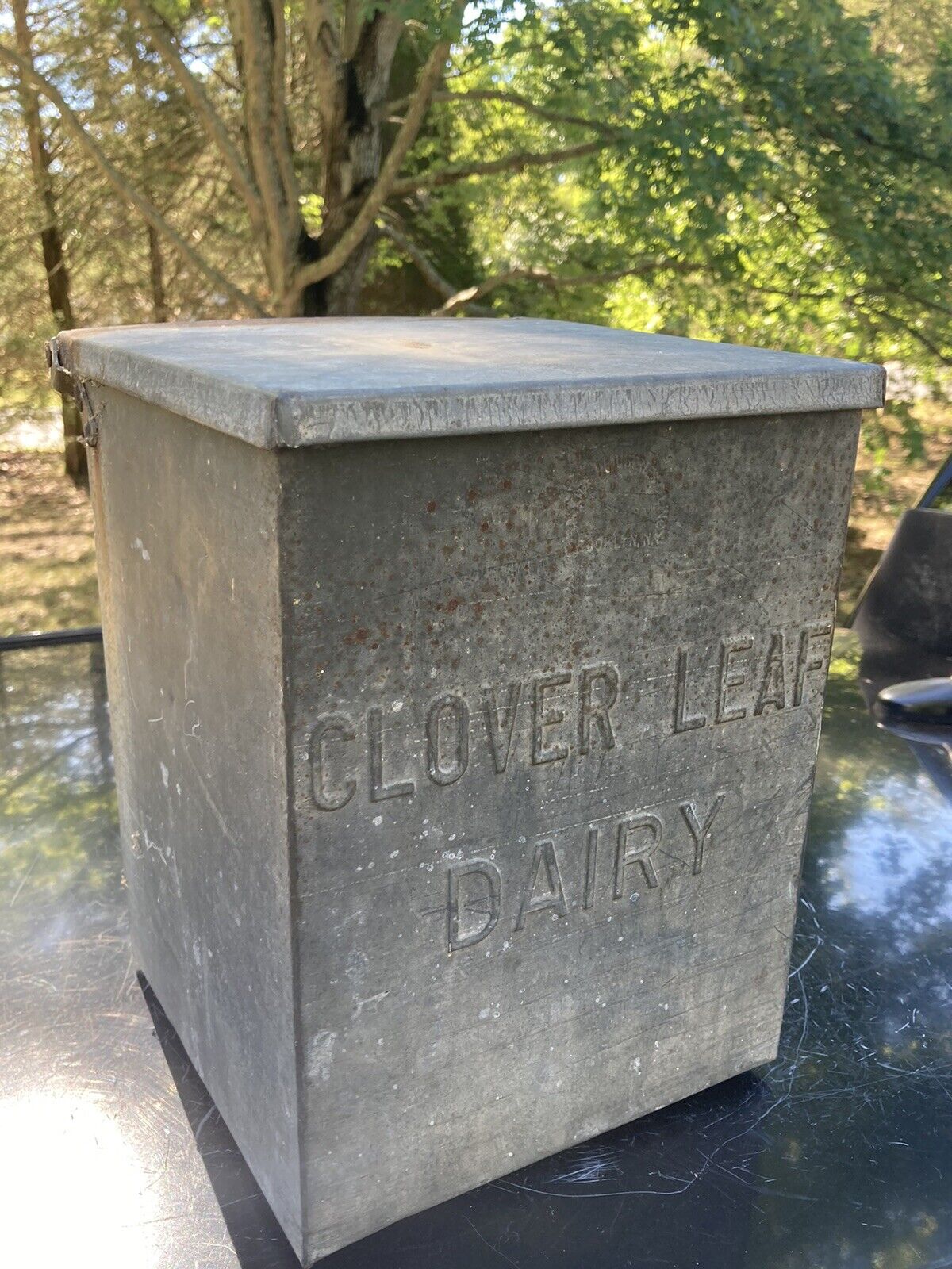 VINTAGE Porch Milk Dairy Box Galvanized Tin Clover Leaf Dairies 11x10x8”