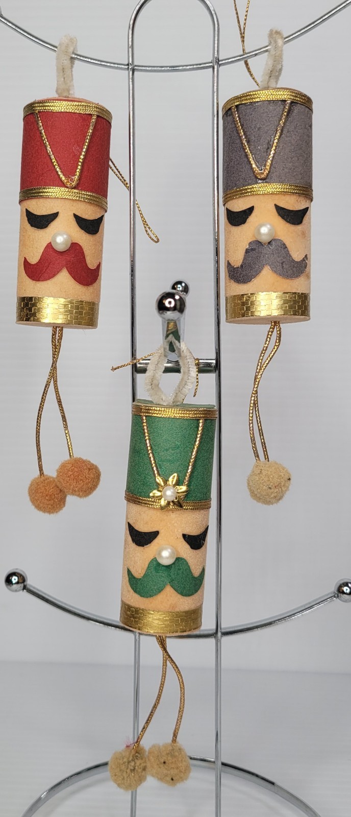 3 Vintage Felt Flocked Foam Dangling Pom Poms Toy Soldier Christmas Ornaments