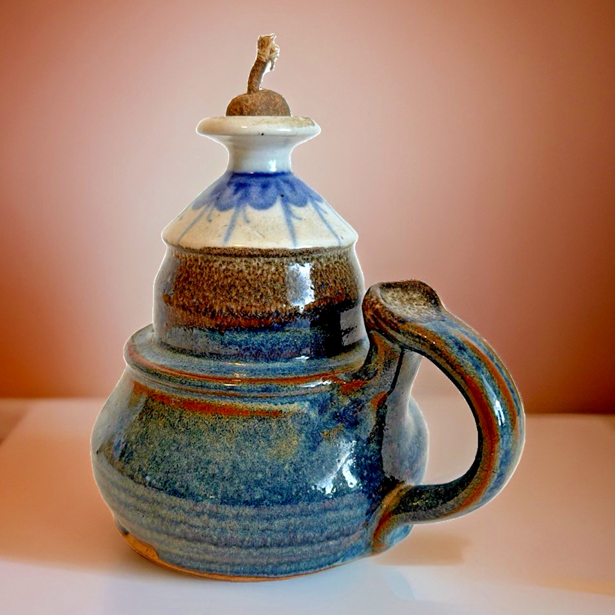 Drip Glazed Signed Studio Art Pottery Oil Lamp W/ Handle Wick Stoneware 5\
