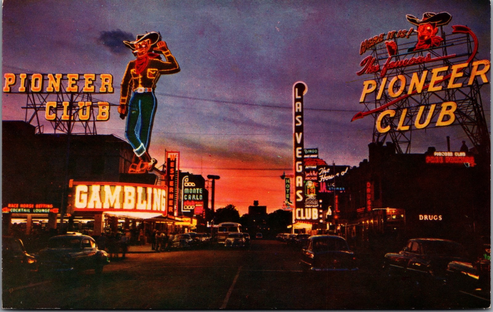 1950s Las Vegas NV Pioneer Club Neon Sign Fremont Street Postcard