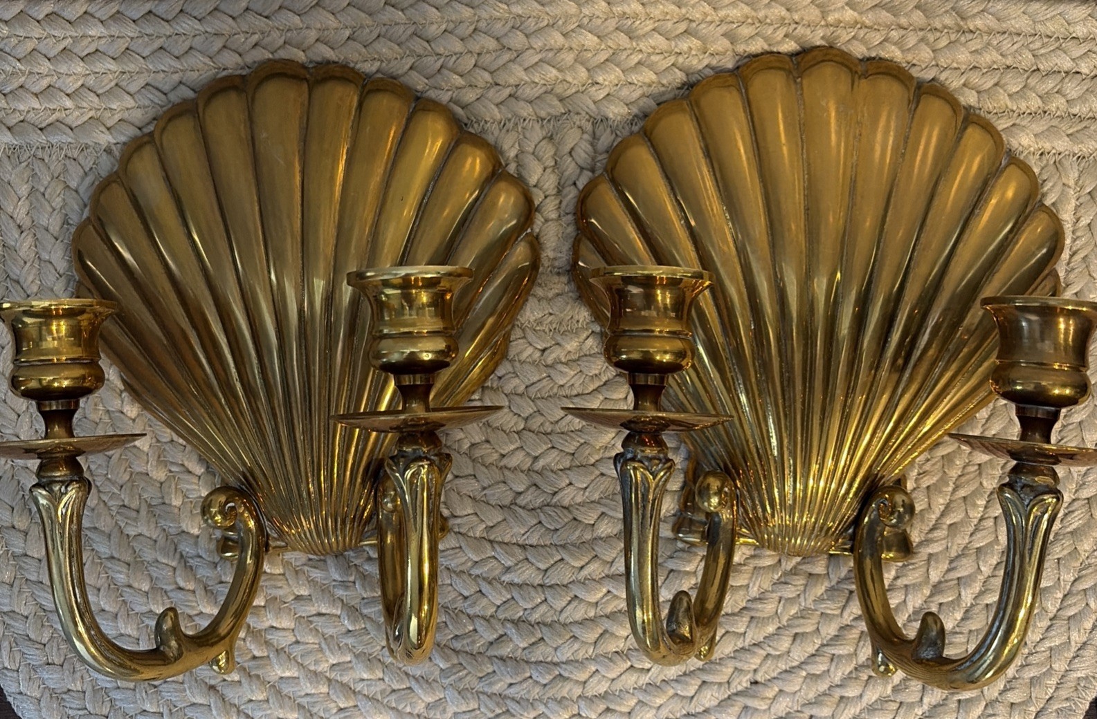 Pair Of Antique Brass Mid Century Shell Wall Candlestick Holders