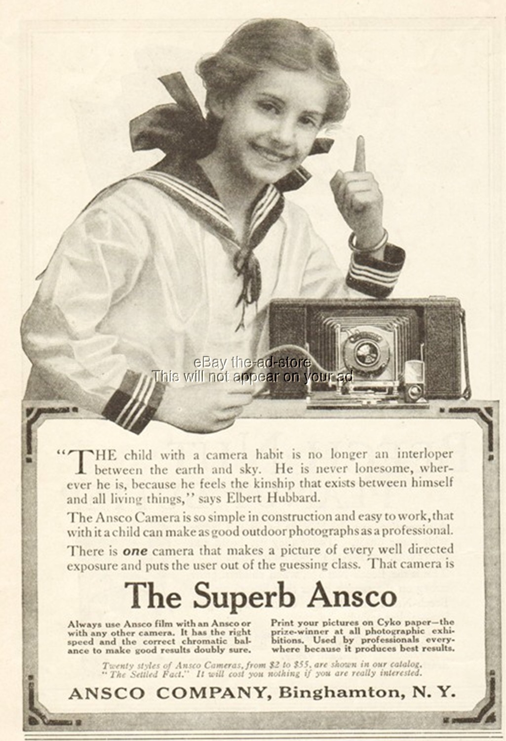1912 Ansco Antique Folding Camera Binghamton NY Elbert Hubbard Quote Vintage Ad