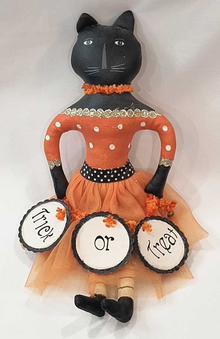 Vintage Sharon Andrews Black Cat Trick or Treat Figurine Painted Cloth 16\