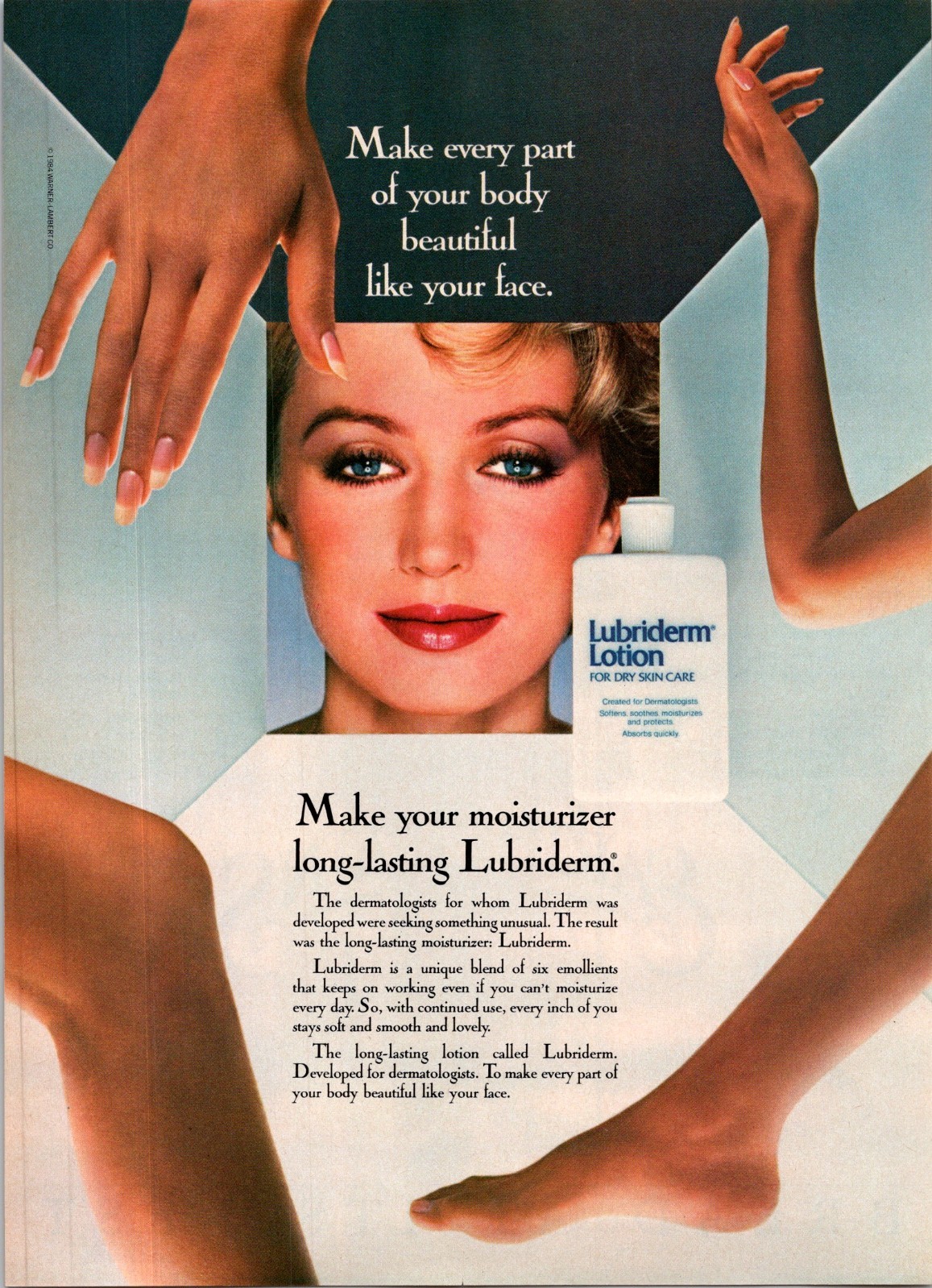 1984 Lubriderm Lotion Print Ad • 1980s hands legs paris hilton look alike HA.04