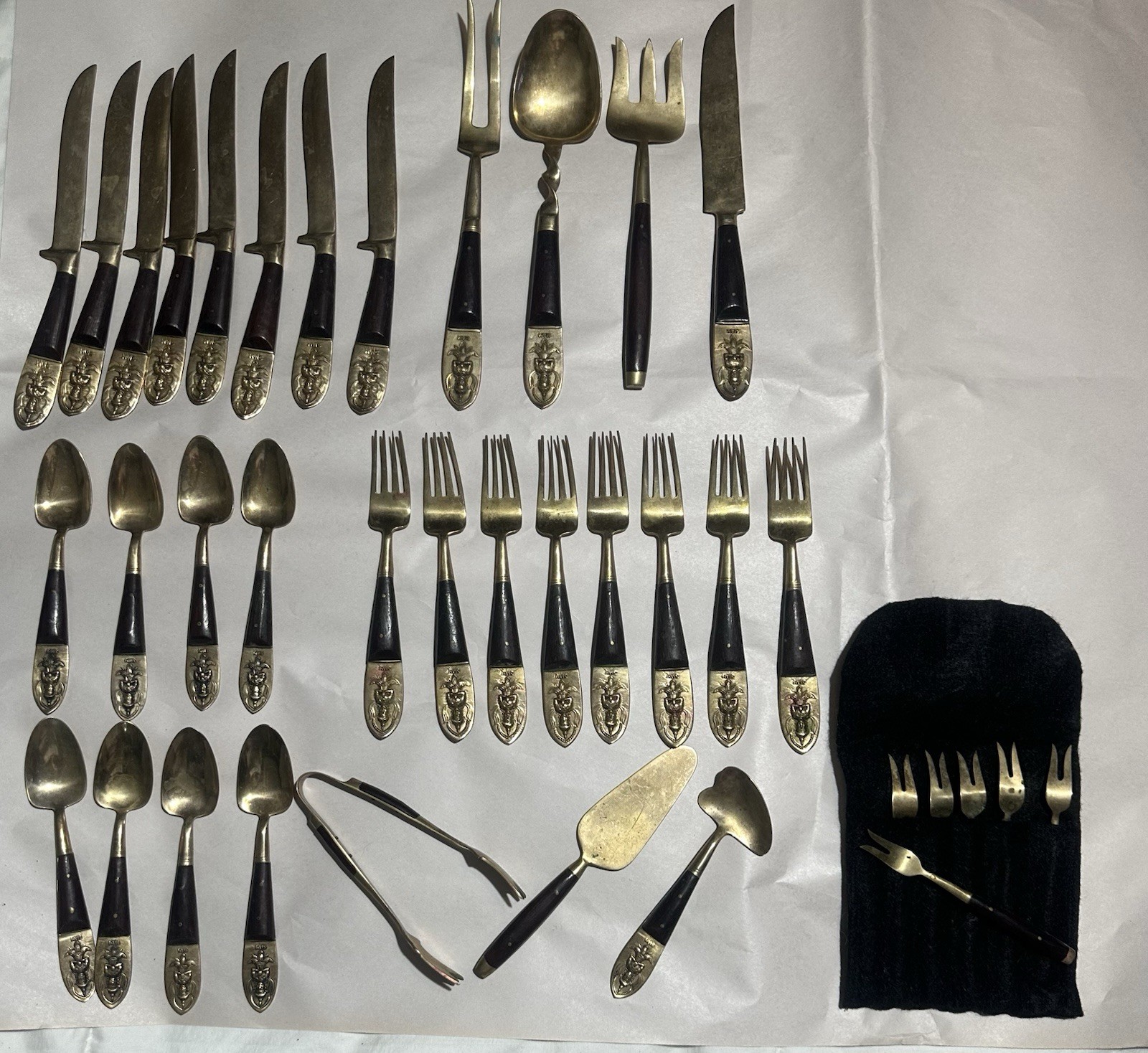 37 Vtg Siam Mid-Century MCM Bronze Tone Silverware Lot Utensils Sumatran Buddha
