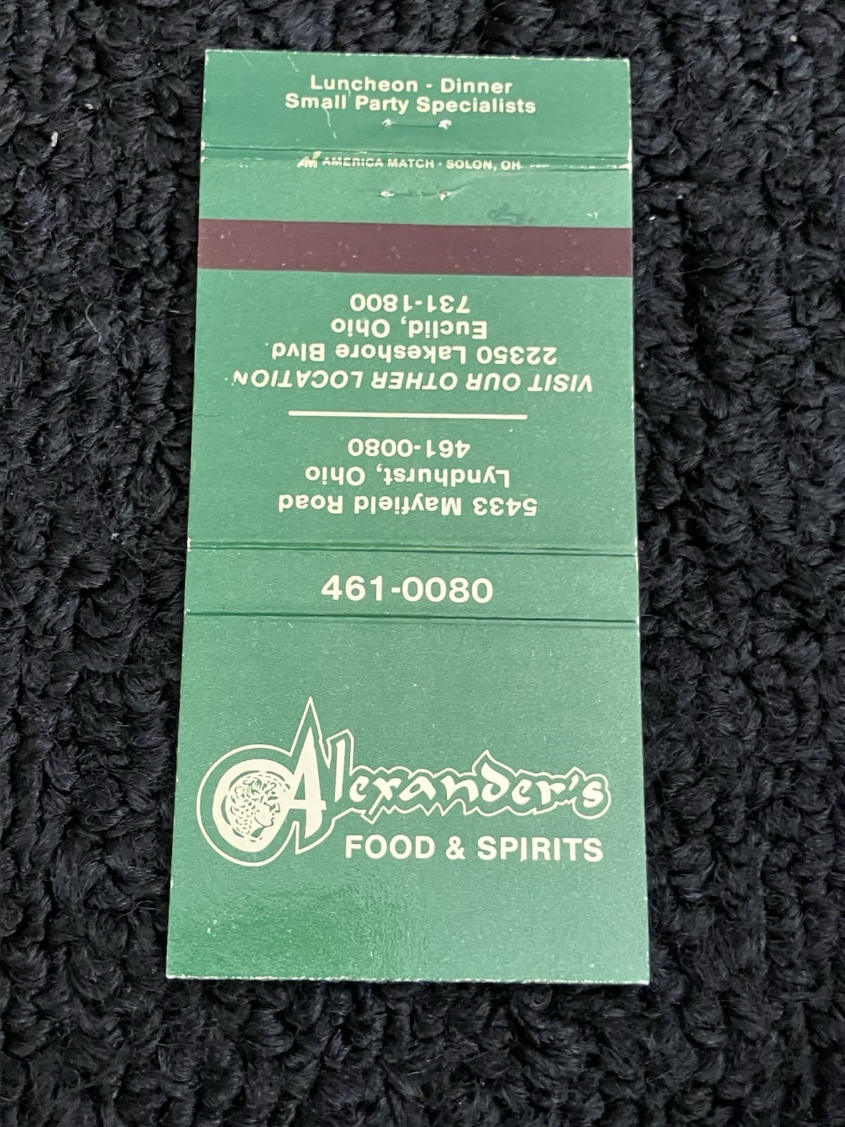 Vintage Ohio Matchbook “Alexander’s Food And Spirits” Lyndhurst • Euclid