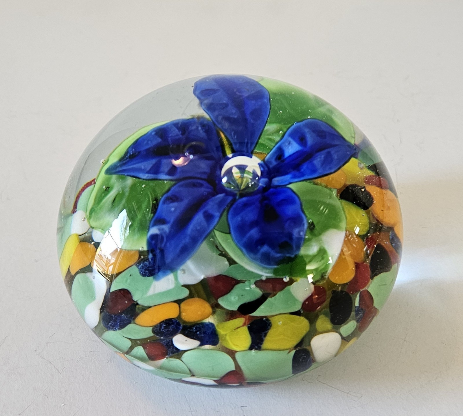 Blue Floral Art Glass Paperweight Controlled Bubble VTG Large 3.5\