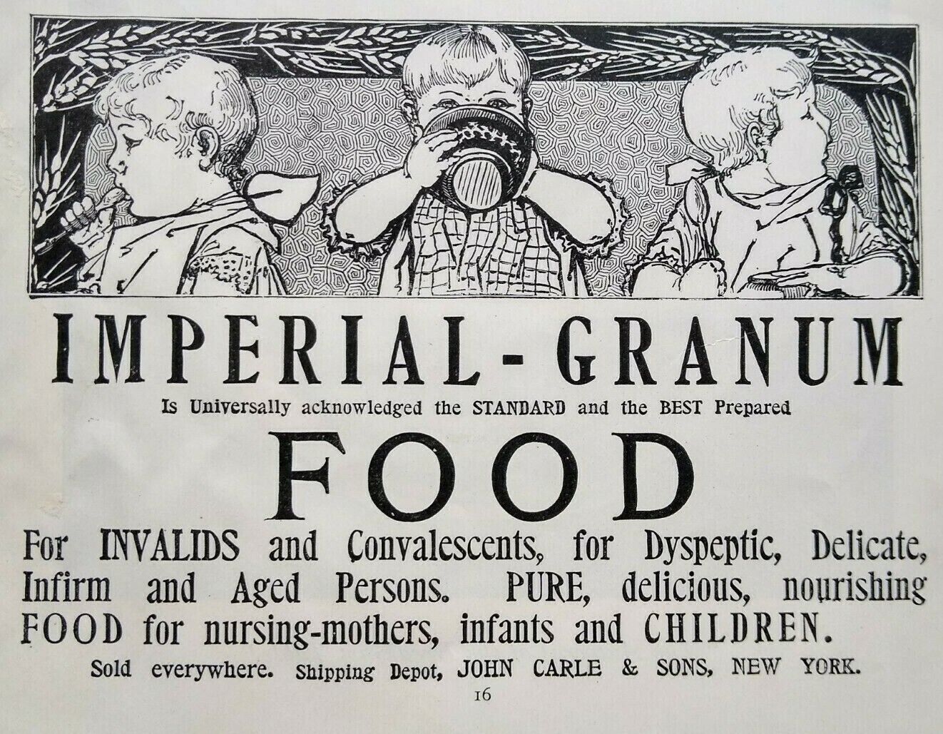 Vintage Print Ad Imperial Granum Food Child Cereal Art John Carle 1895 