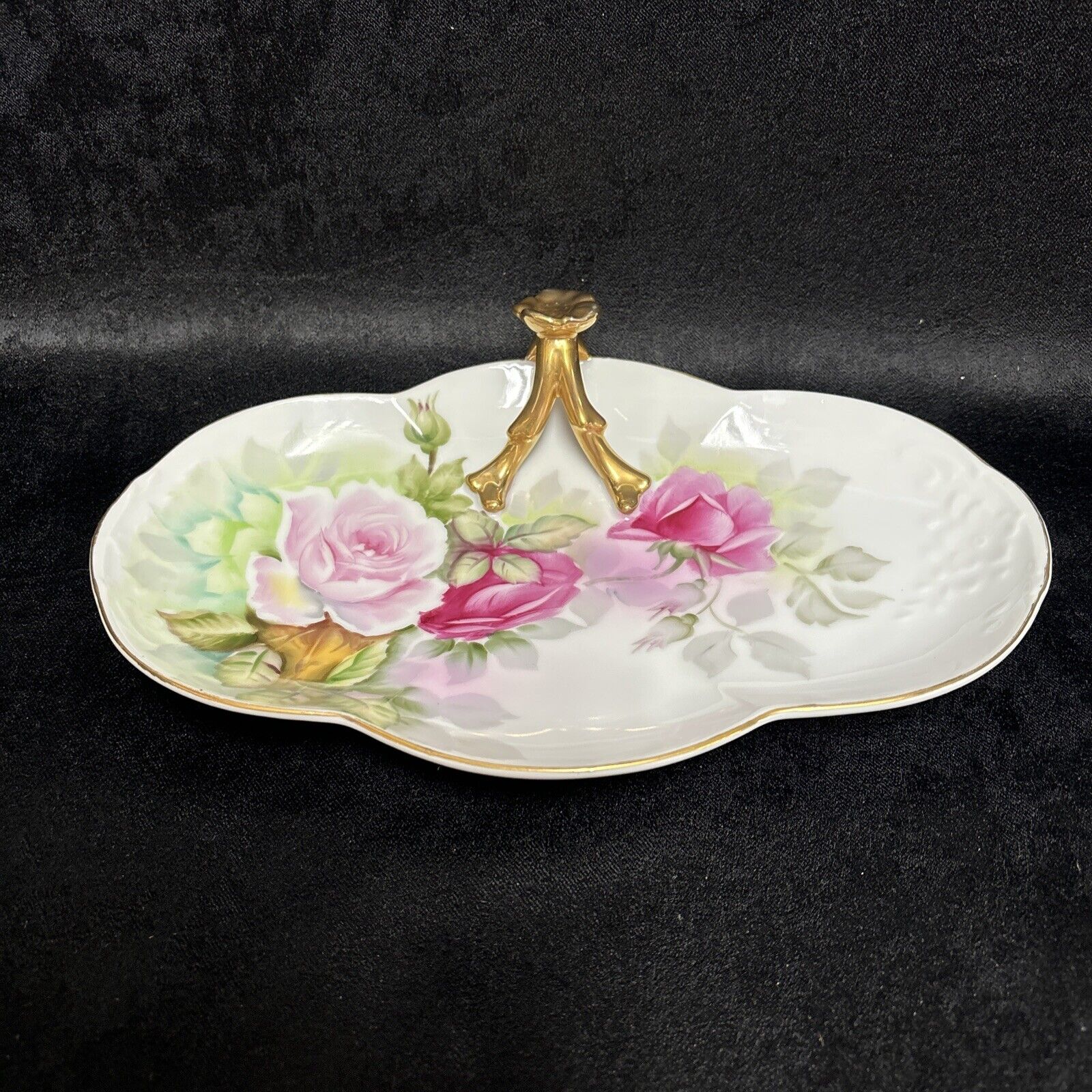 Vtg Hand Painted Porcelain Handled Nappy Trinket Dish Tray Pink Cabbage Roses