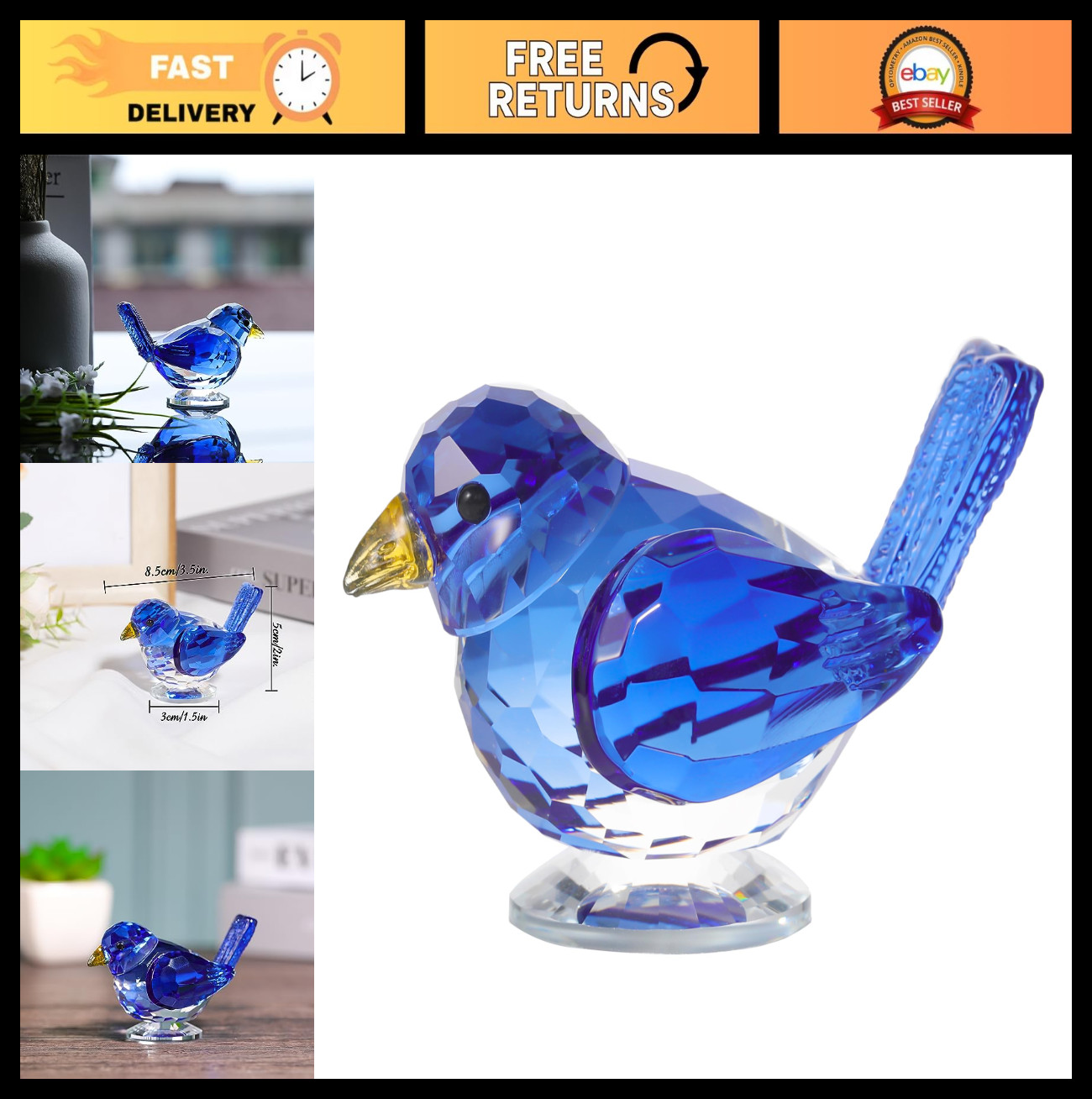 Handmade Blue Crystal Bird Figurine - Collectible Glass Animal Decor Paperweight Handmade Blue Crystal Bird Figurine - Collectible Glass Animal Decor Paperweight