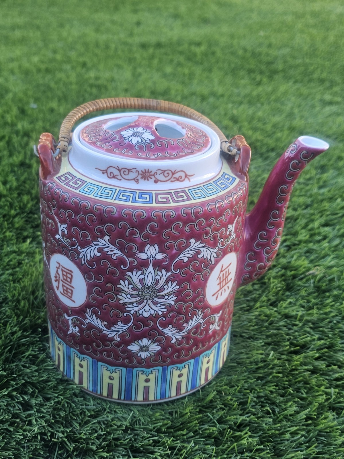 Vintage Rare Beautiful Red Ceramic Wan Shou Wu Jiang Teapot, Lid & Handles