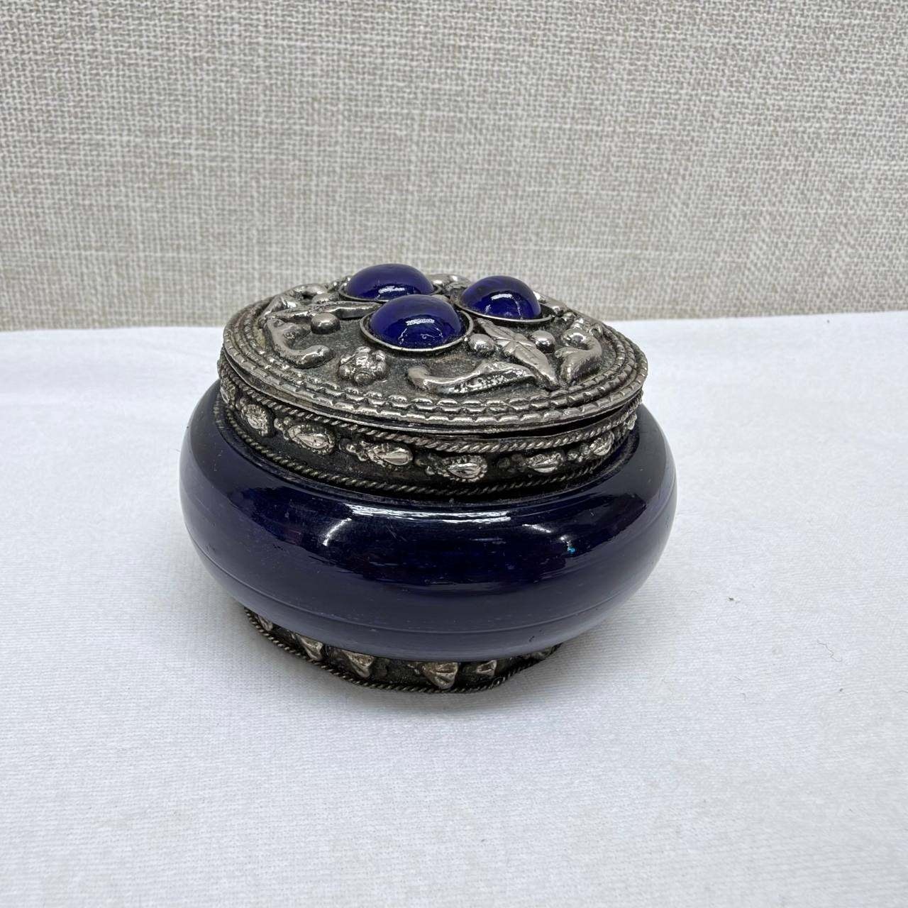 Vintage Cobalt Blue Glass Trinket Box Silver Filigree Lid Blue Cabochons