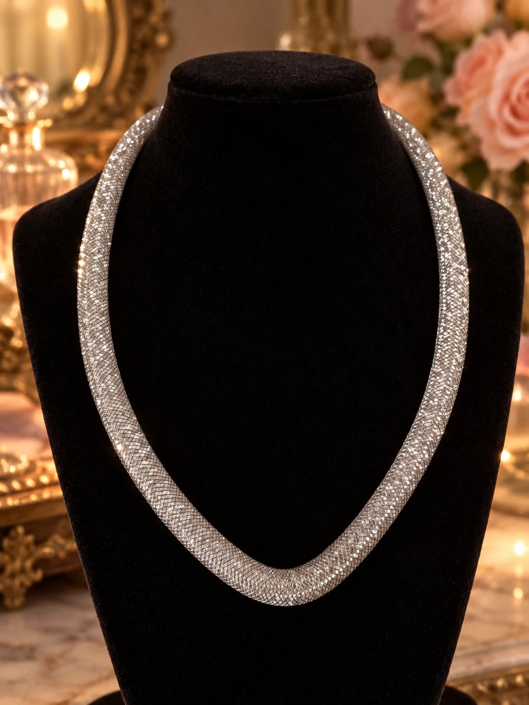 Swarovski Stardust Silver Crystal Mesh Necklace, 16”