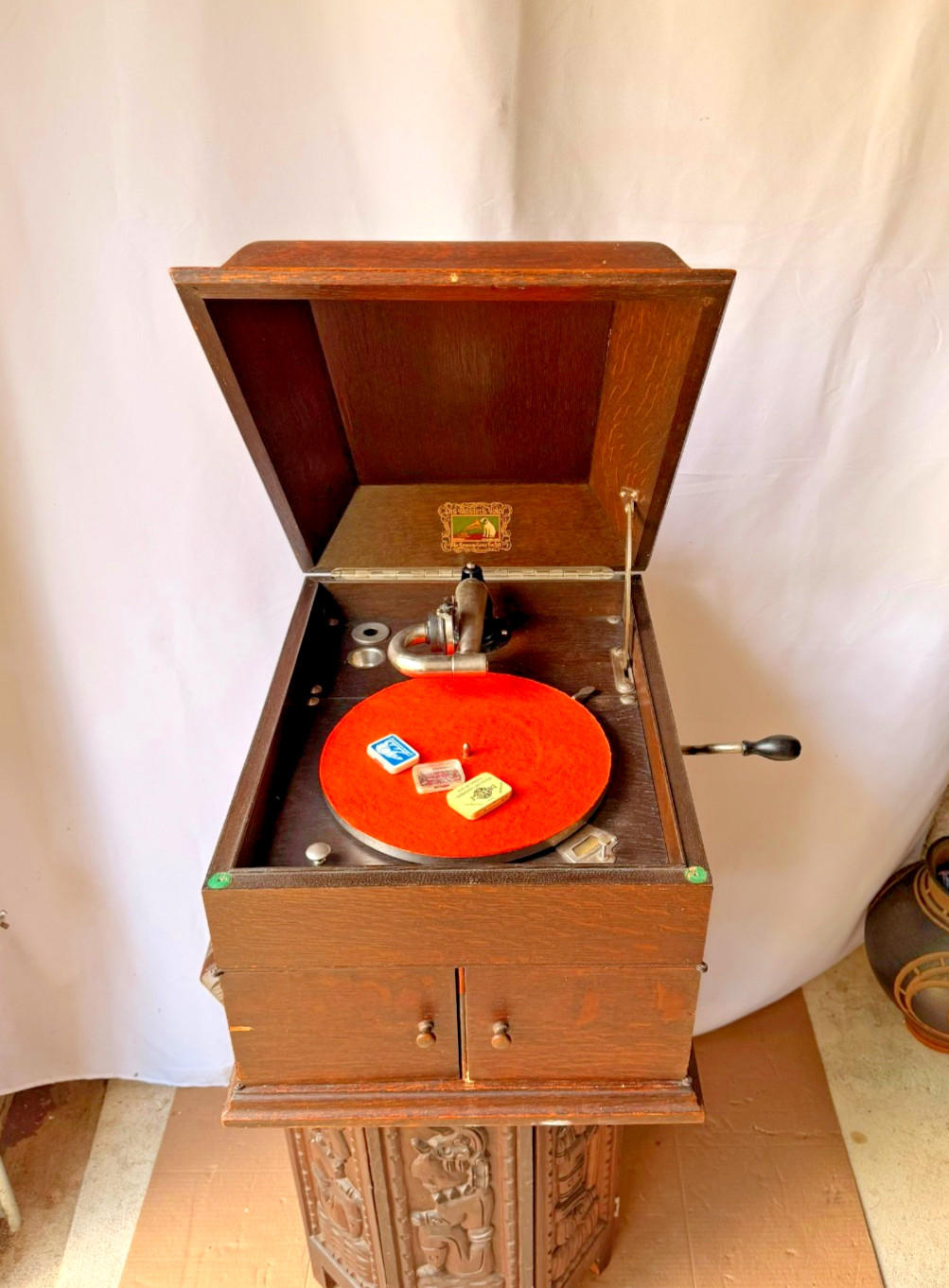 Antique HMV His Masters Voice Oak Gramophone Wind Up Tabletop Phonograph Player