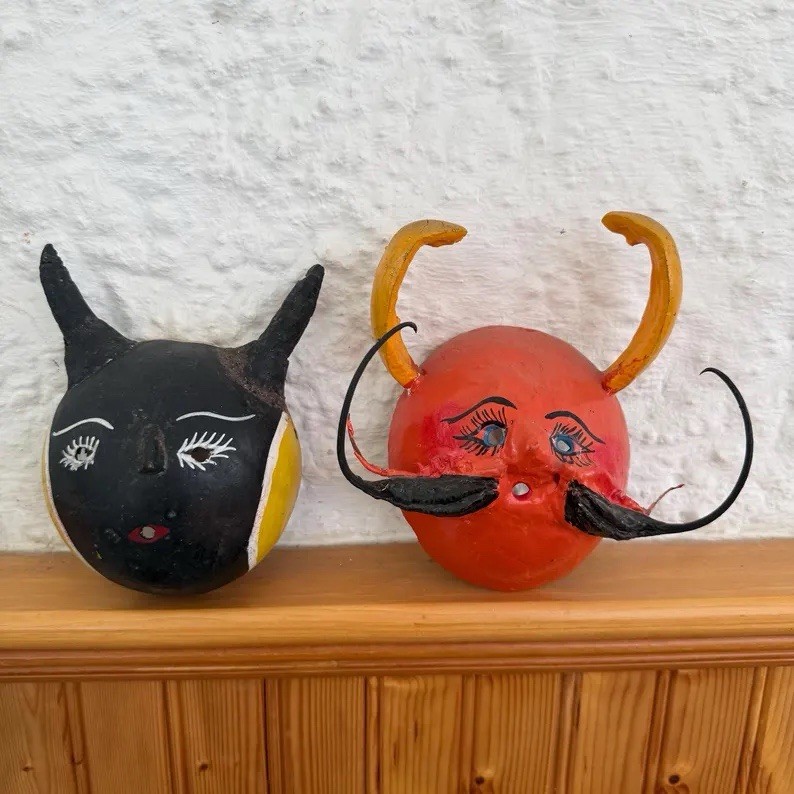 Vintage Mexican Coconut Shell Devil Masks Pair Diablo Folk Art Wall Hangings
