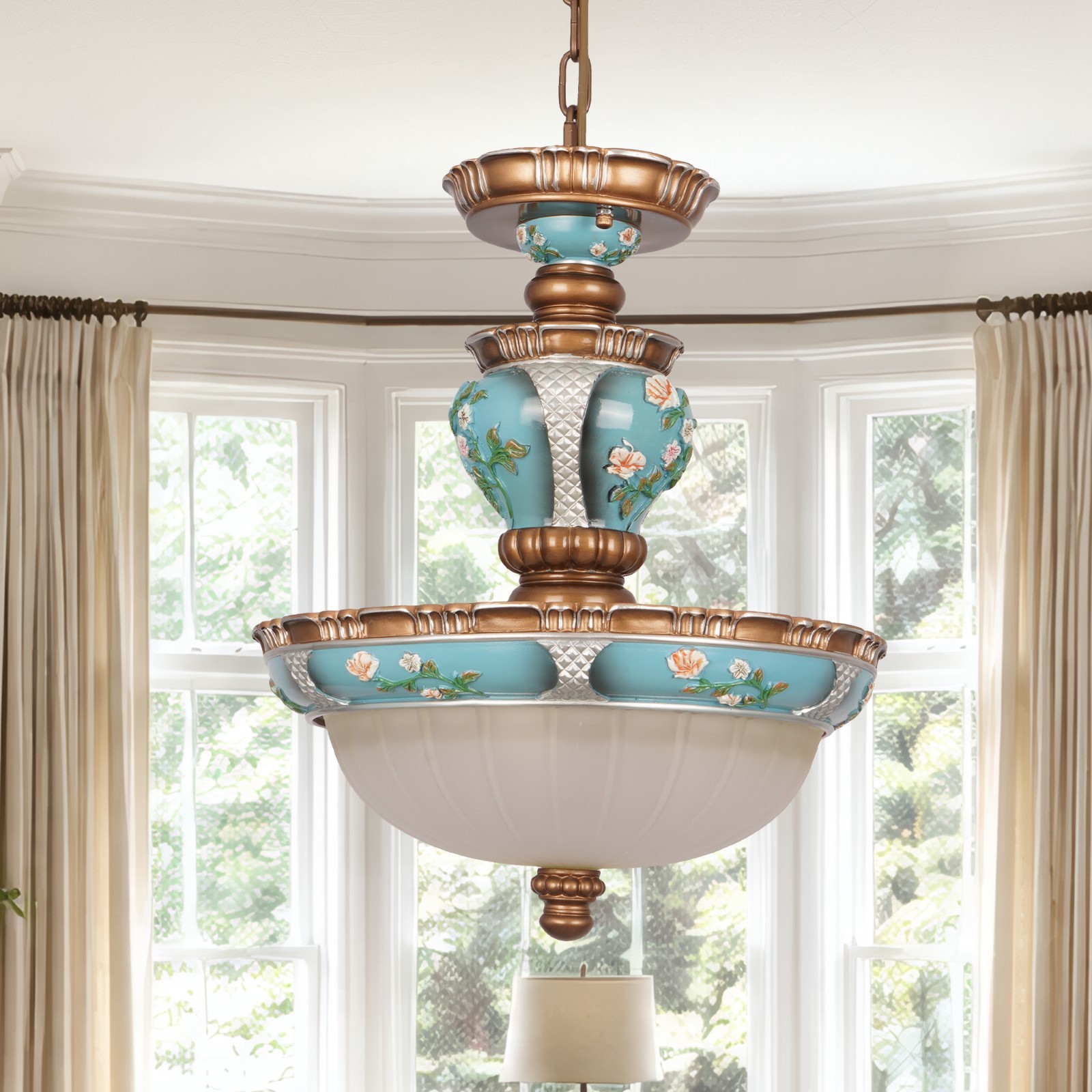 European Luxury Floral Pendant Light,15''living Room Home Glass Decorative Light