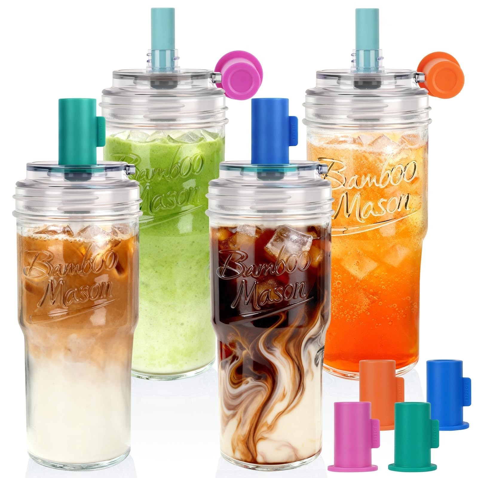 ANOTION Bamboo Mason 24oz Glass Tumbler with Straw Leakproof Lid, Cap Cup Mas...