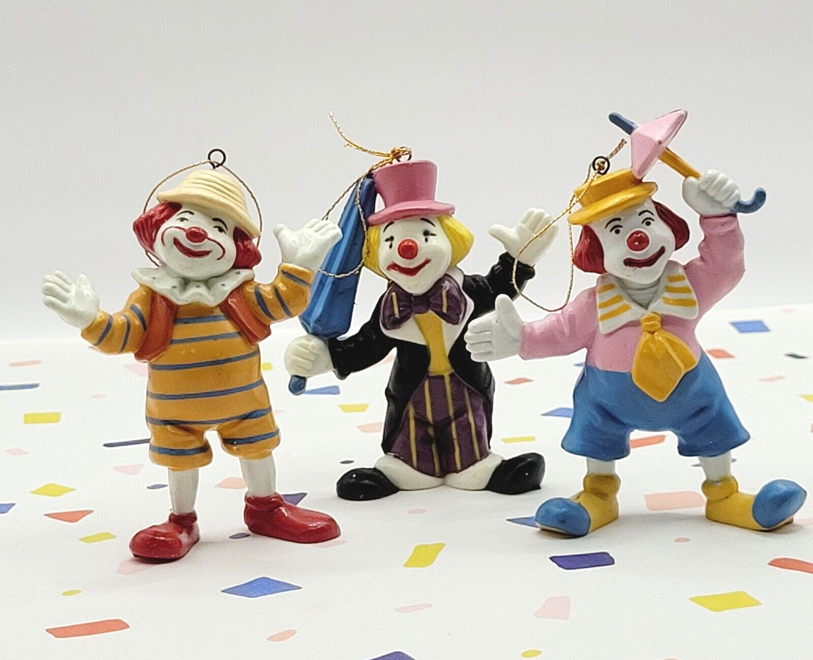 3 Vtg Plastic Clown Christmas Ornaments Figurine Lot Colorful Circus Kitsch MCM