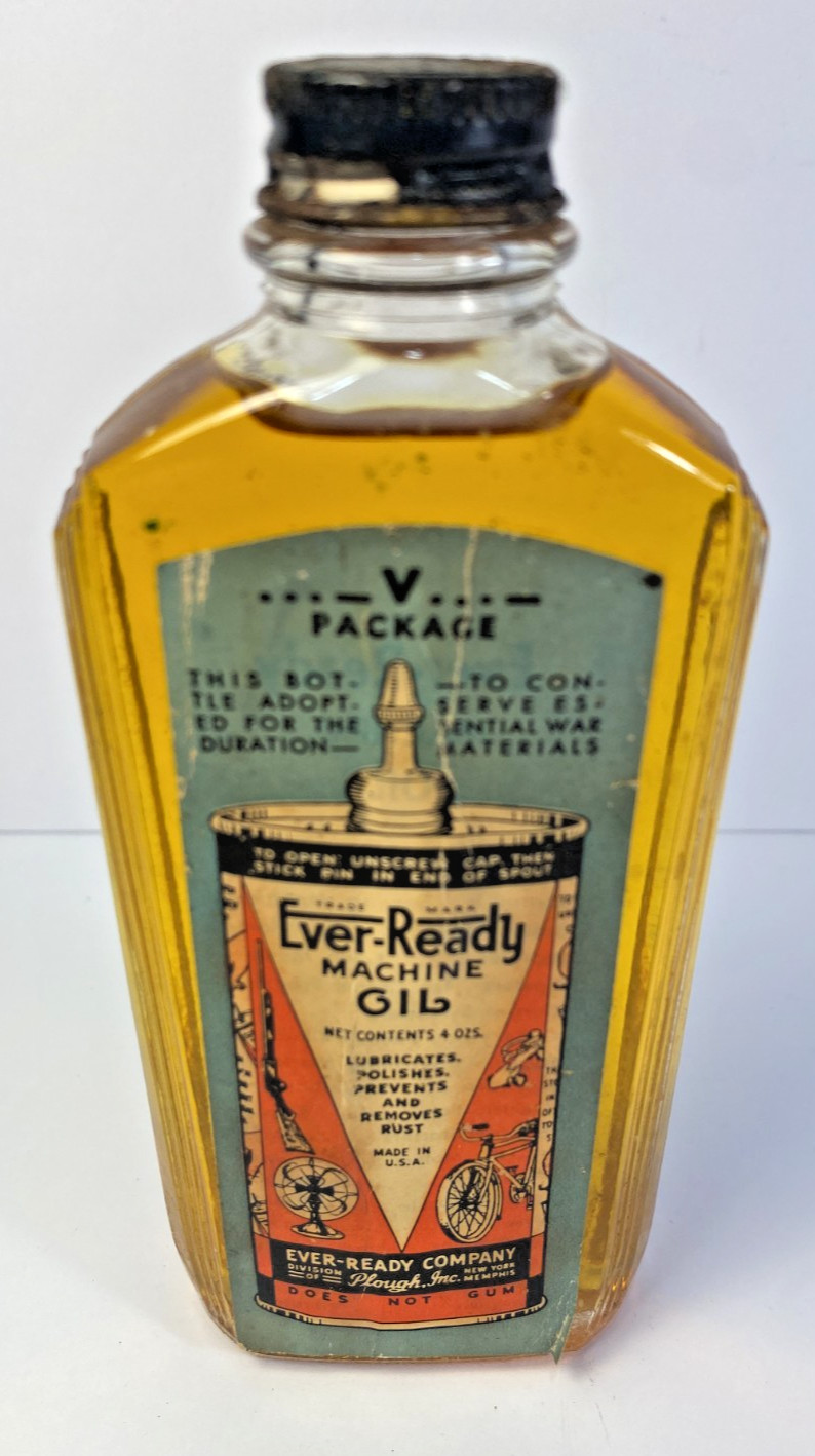 Vintage Ever-Ready Machine Oil 4 Ounce Glass Bottle with Paper Label Full NOS