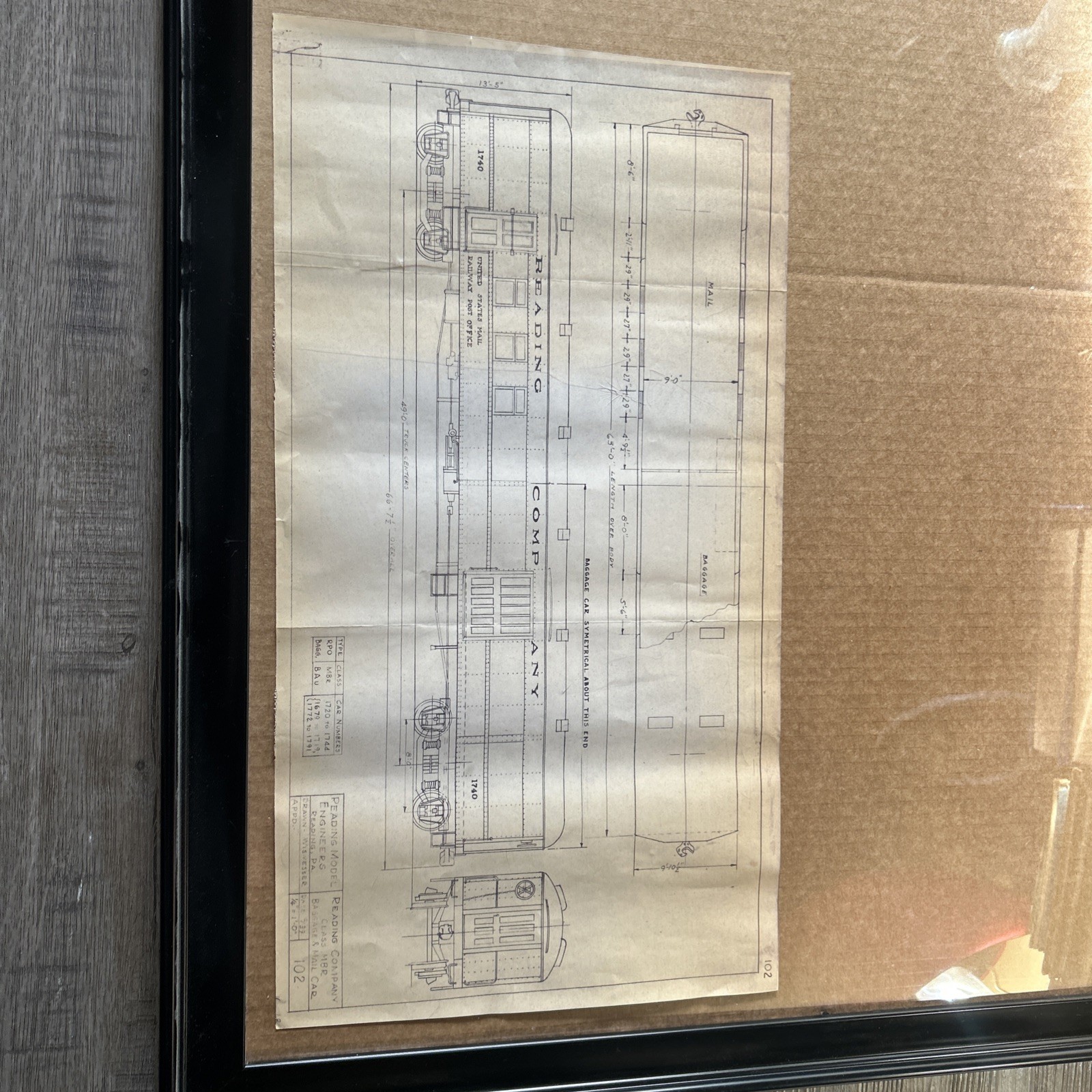 vintage diagram Reading Company railway mail and baggage car (Car Number 1740).