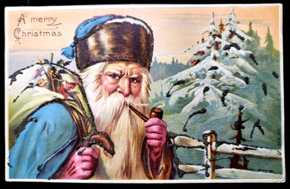 Rare~Full Face Blue Robe~SANTA CLAUS~with Toys~Pipe 1910 Christmas Postcard~r292
