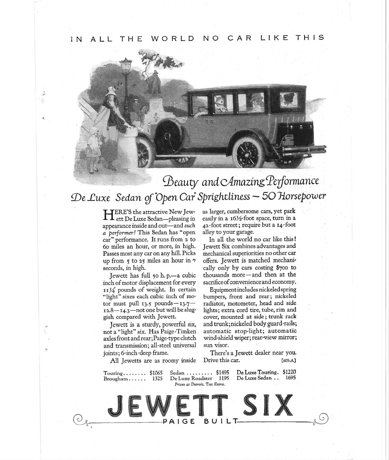 Jewett Six De Luxe Sedan Car Sprightliness 50 Horsepower Vintage  1924 Print Ad