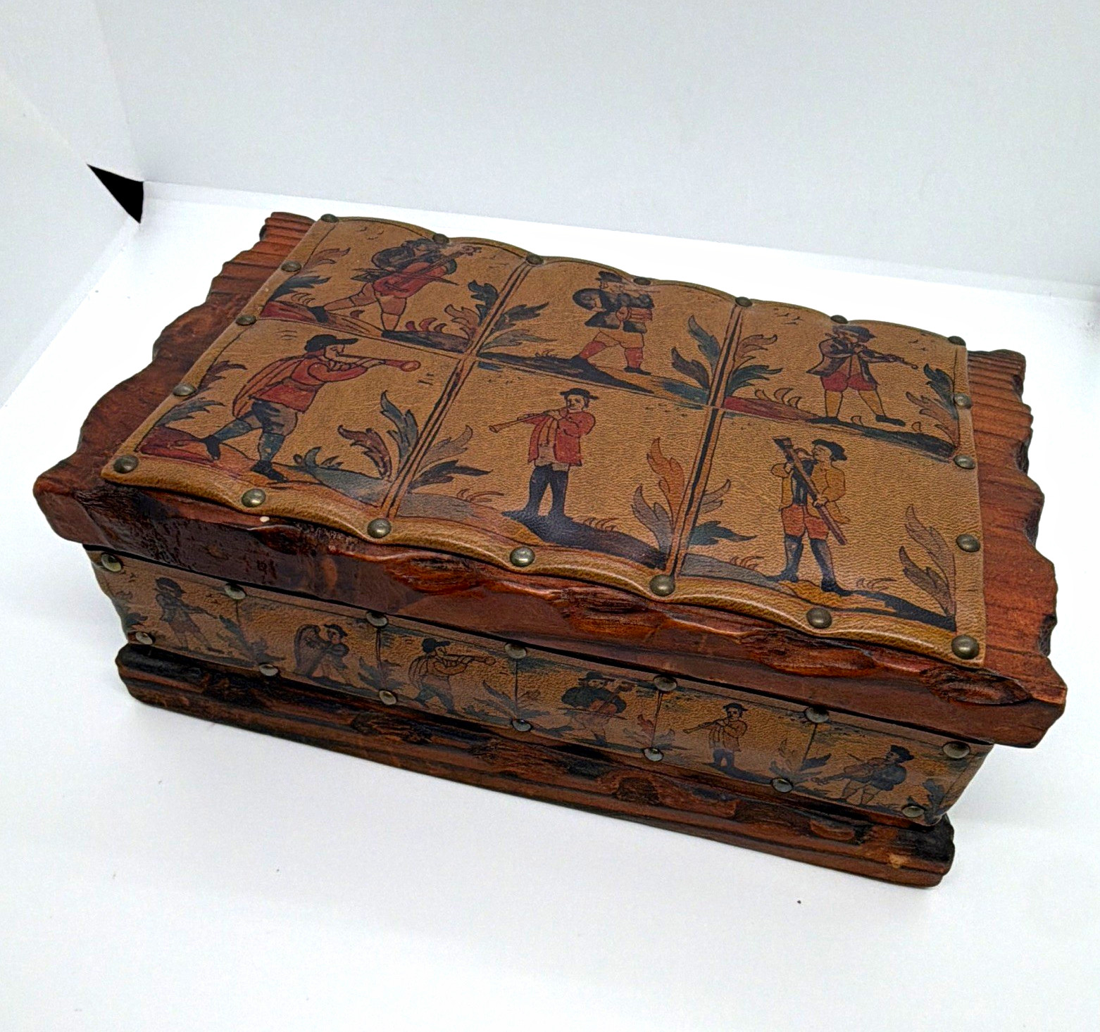 VTG Mid Century Jewelry Storage Wooden Box made in Spain w/faux leather inset 
