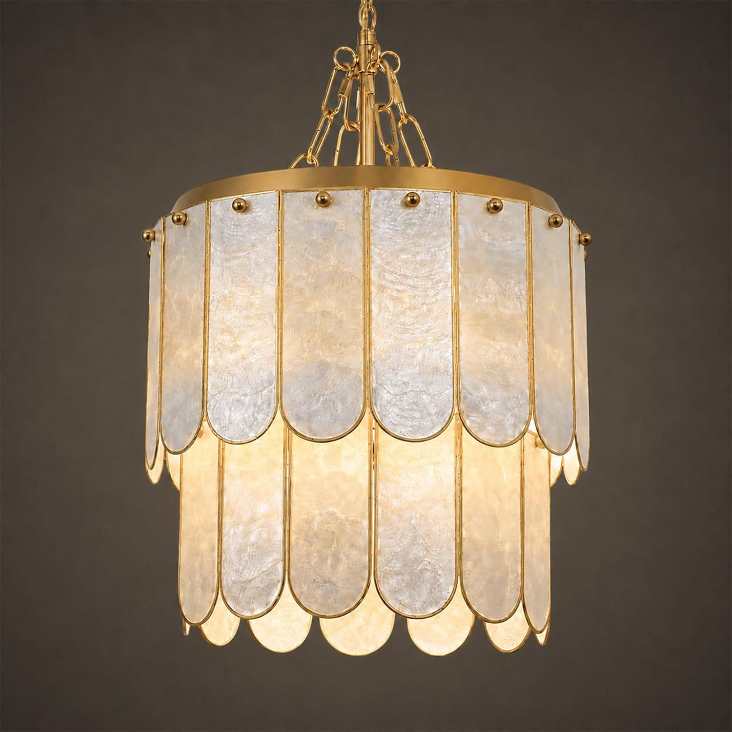 Gold Coastal Capiz Shell Chandelier - 13 Inch Handmade Shells Set in Brass