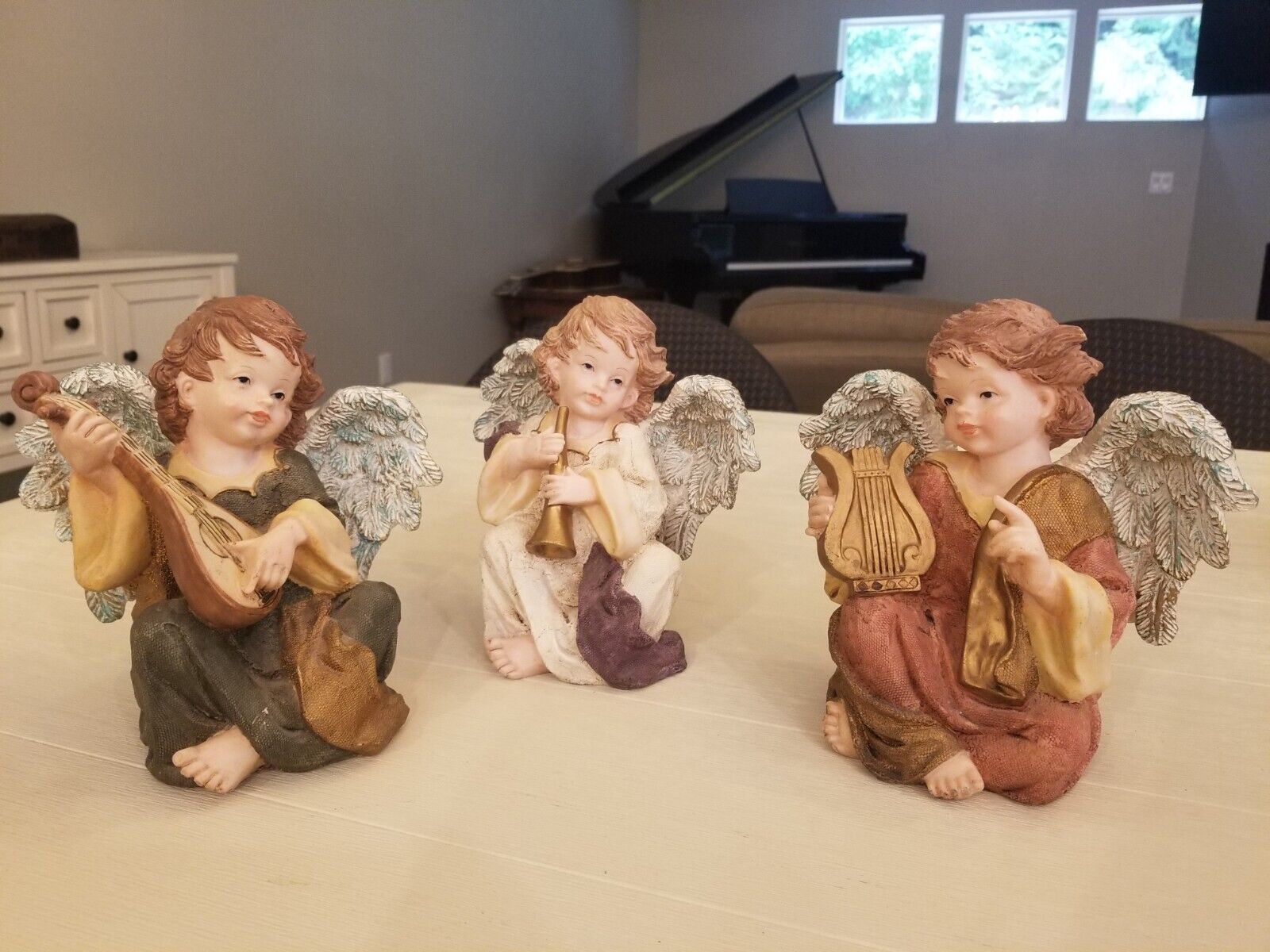 Vintage Three Hands Corp. Set Of (3) Seated CHERUBS W/ Musical Instruments 8\