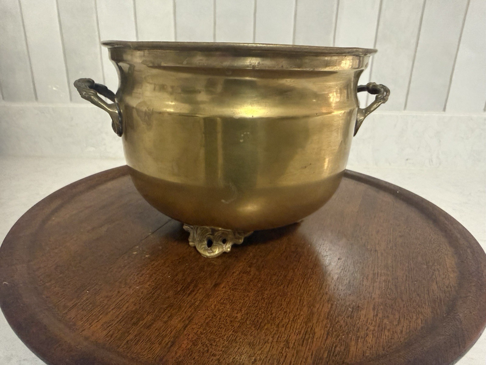 Vintage Brass Footed Jardiniere Planter Cachepot Ornate Handles 7 3/8\