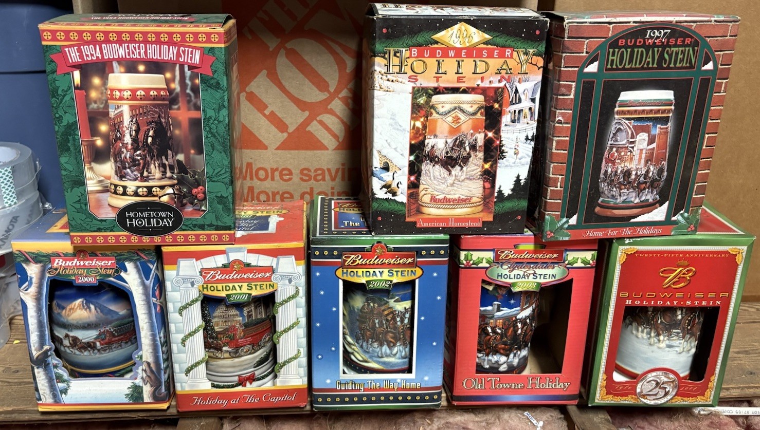 (8) 1994 - 2004 Budweiser Christmas steins new in box lot Anheuser Busch (8) 1994 - 2004 Budweiser Christmas steins new in box lot Anheuser Busch
