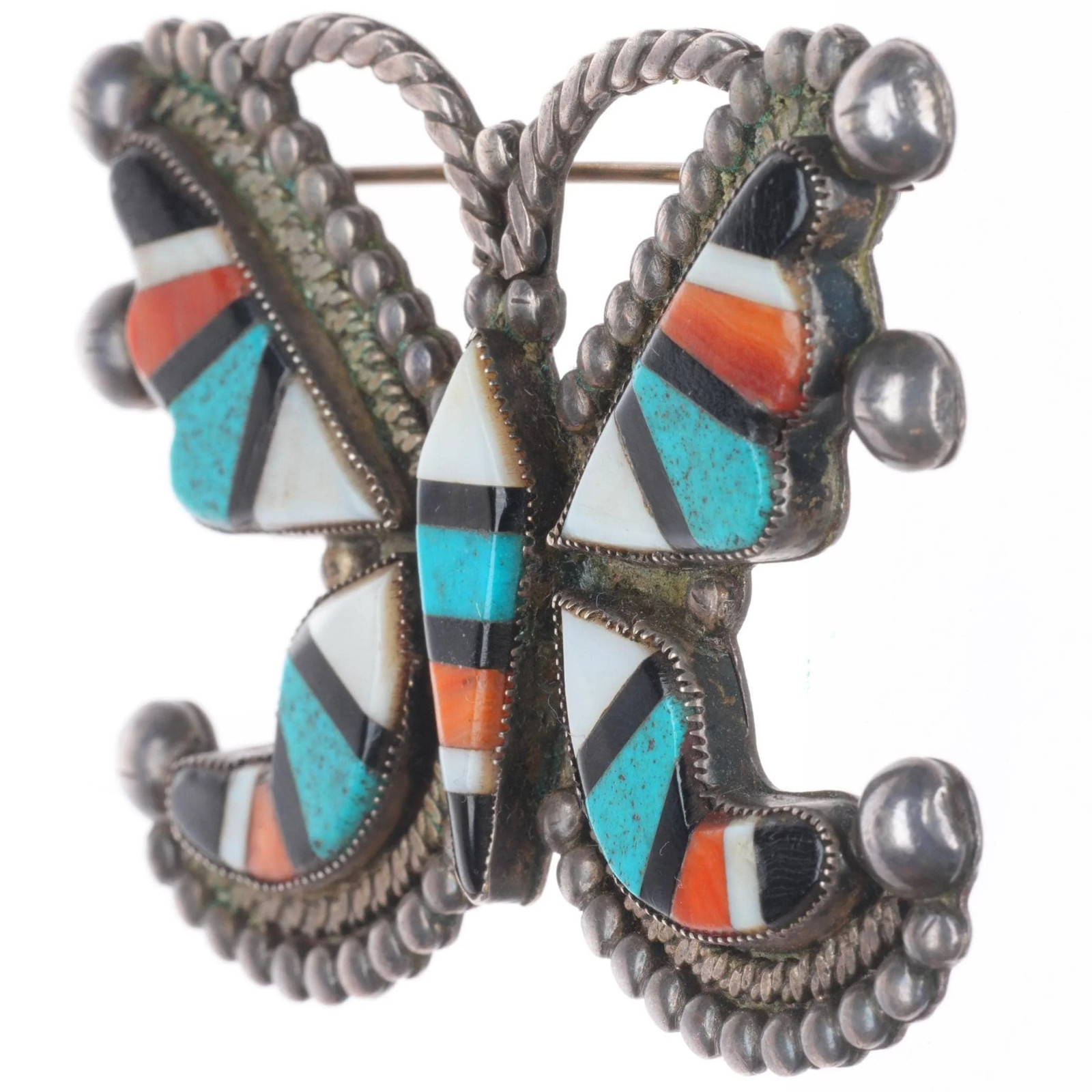 c1940's Vintage Zuni sterling silver turquoise/spiny oyster butterfly pin/brooch