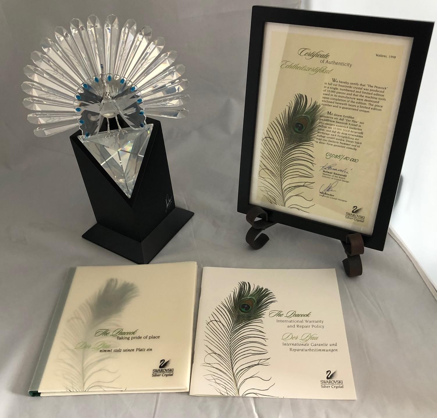 SWAROVSKI 1998 SCS THE PEACOCK #218123, RETIRED, NEW IN CASE, CERTIFICATE, BOOK