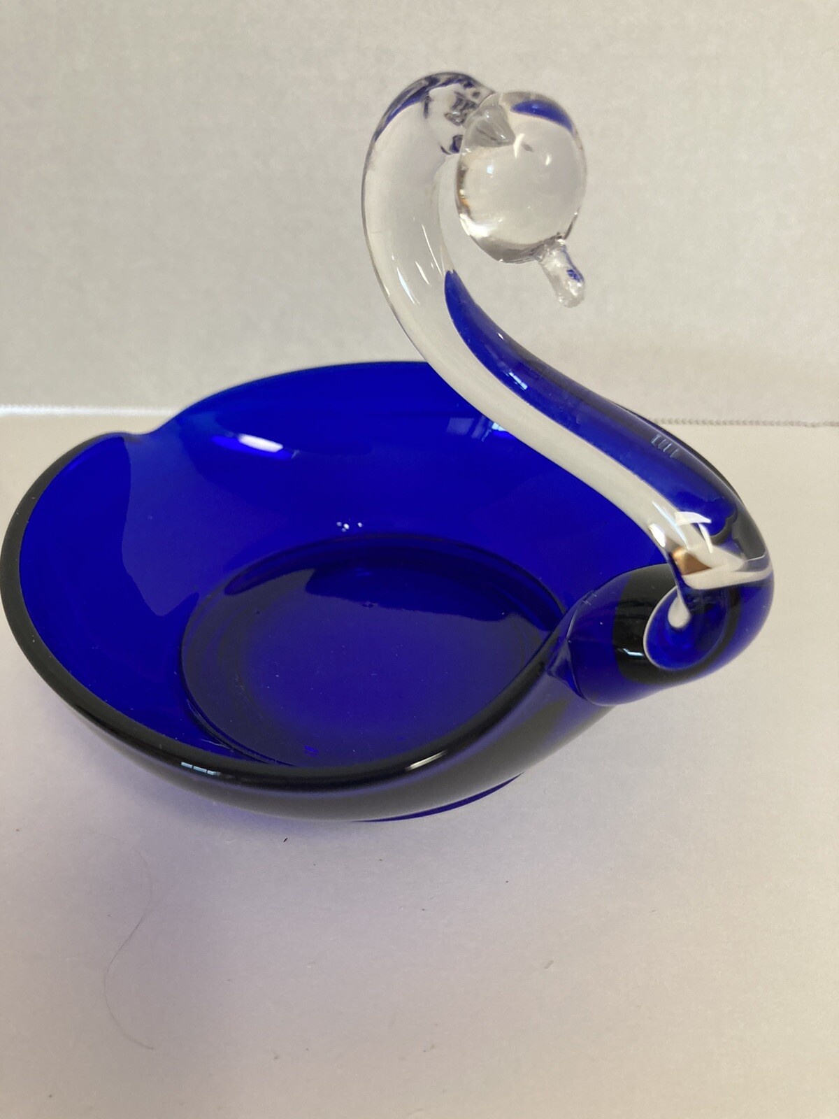Vintage Swan Glass Trinket Candy Dish Cobalt Blue and Clear Heart Shape 6” MCM