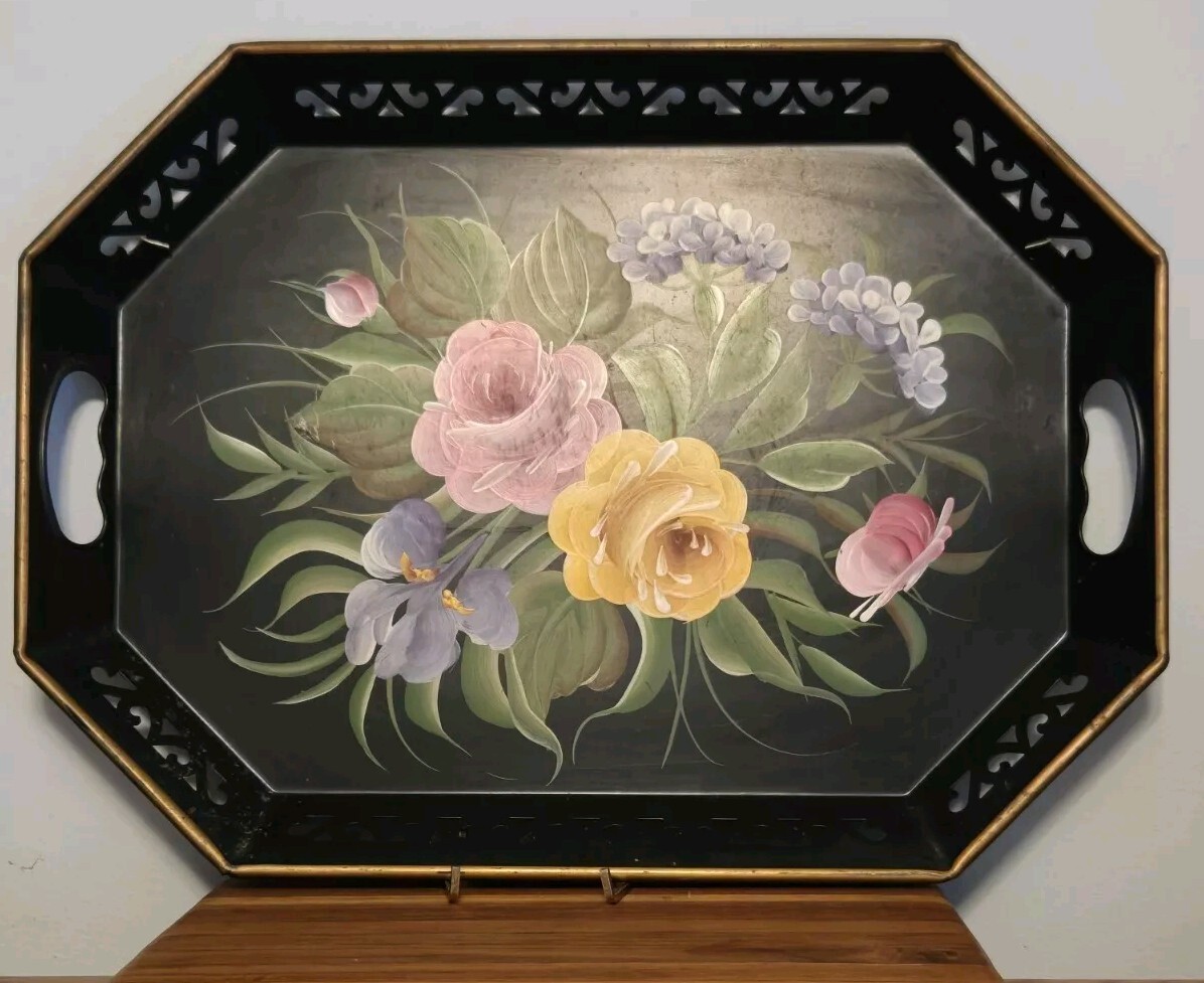Vtg Pilgrim Reticulated Black Toleware Handpainted Florals Gold Trim Tray 18\