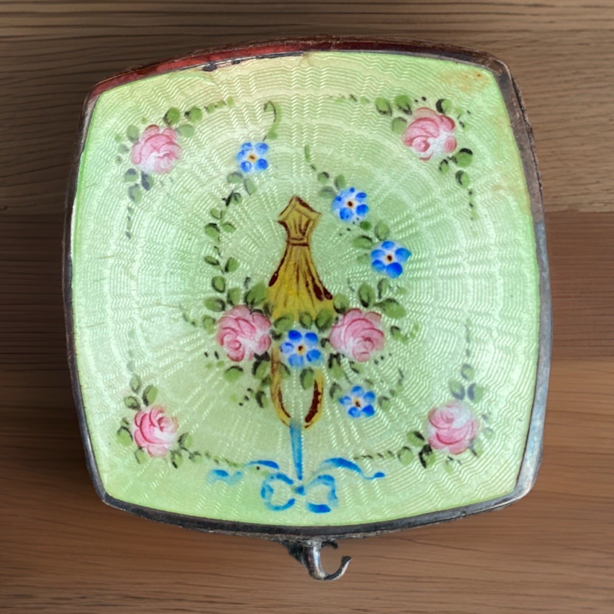 Antique Compact Sterling Silver Guilloche Enamel Hand Painted Floral 